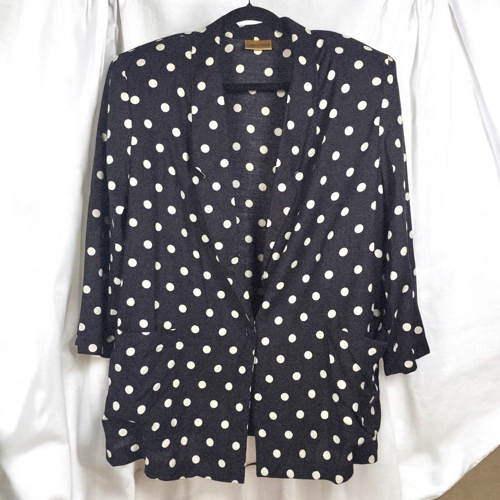Vintage 80s Adrian Jordan Blazer Jacket Women's Large? Black White Polka‎ Dot